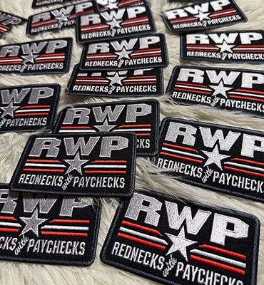 Metallic embroidery patch with RWP design